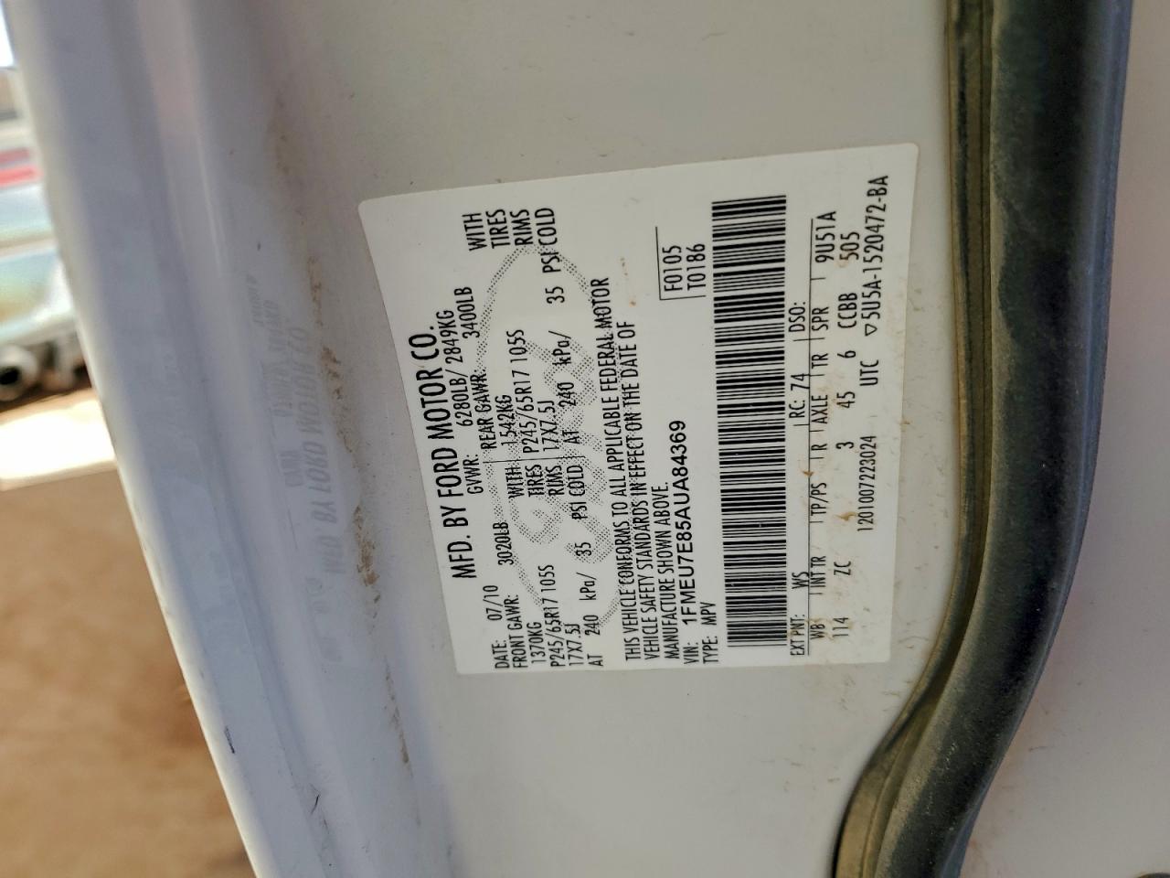 2010 Ford Explorer Eddie Bauer VIN: 1FMEU7E85AUA84369 Lot: 97000355