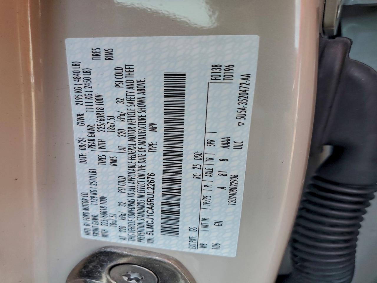 2024 Lincoln Corsair VIN: 5LMCJ1CA6RUL22676 Lot: 95280775