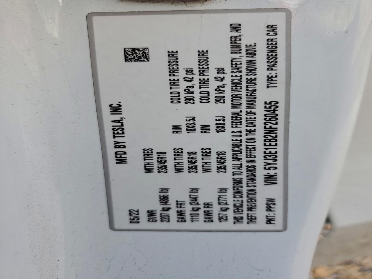 2022 Tesla Model 3 VIN: 5YJ3E1EB2NF260455 Lot: 95322905