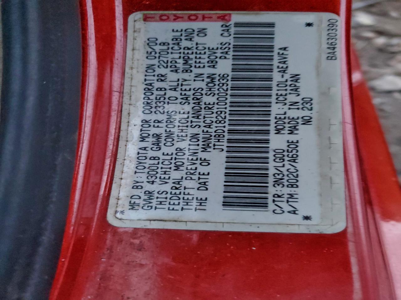 2001 Lexus Is 300 VIN: JTHBD182910002936 Lot: 94699765