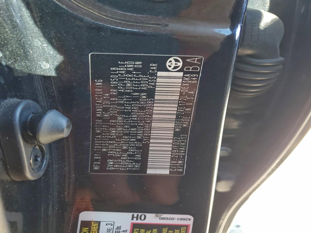 2014 Toyota Corolla L VIN: 5YFBURHE4EP103985 Lot: 95804585