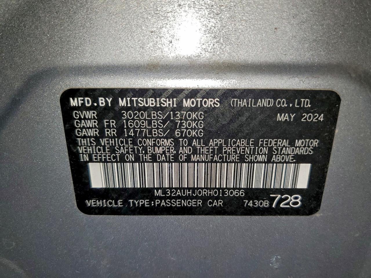 2024 Mitsubishi Mirage Es VIN: ML32AUHJ0RH013066 Lot: 96157625