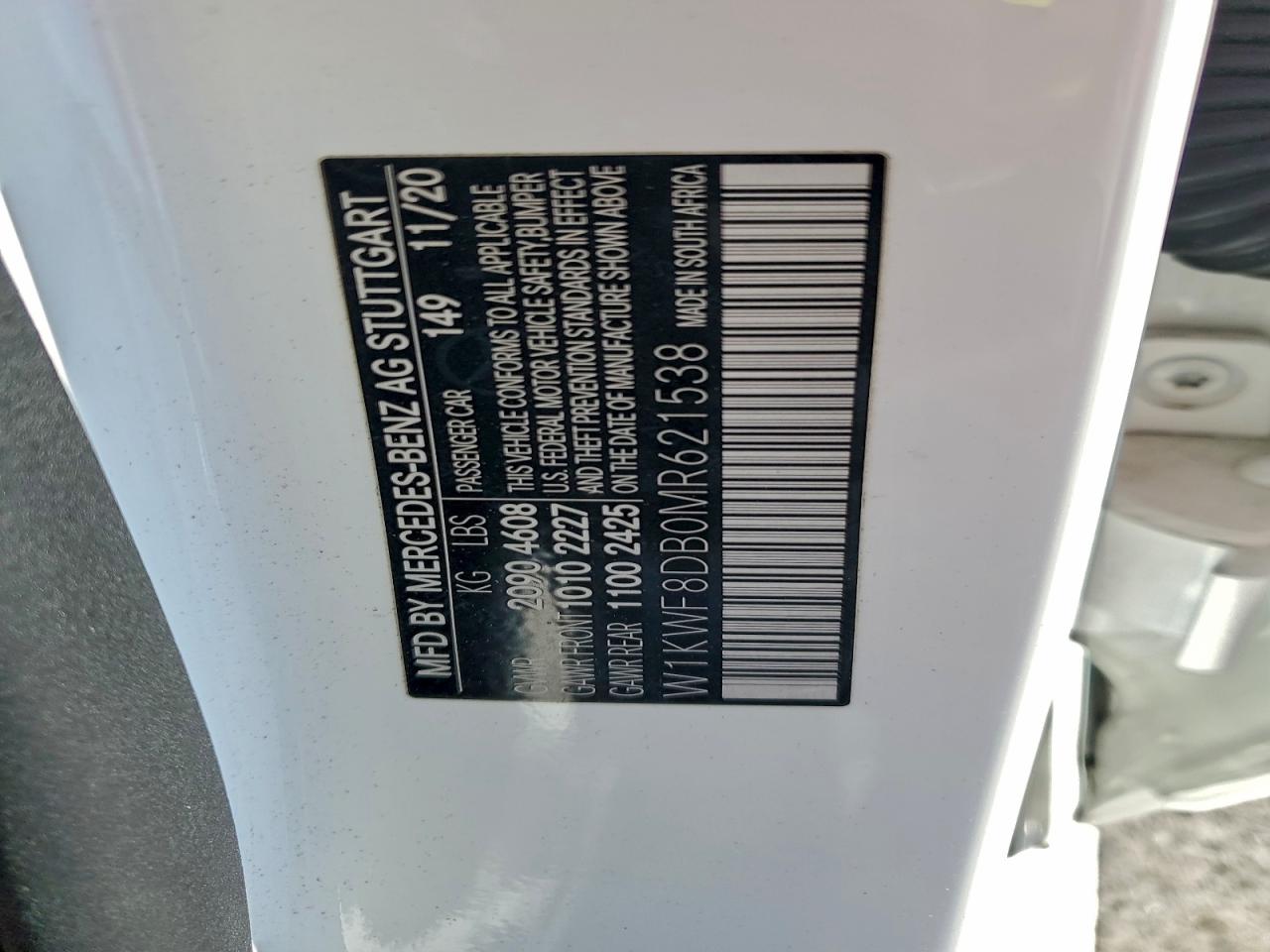 2021 Mercedes-Benz C 300 VIN: W1KWF8DB0MR621538 Lot: 95139685