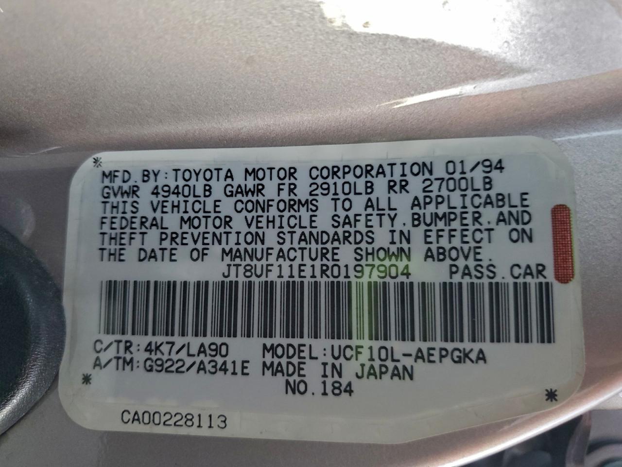 1994 Lexus Ls 400 VIN: JT8UF11E1R0197904 Lot: 94305295