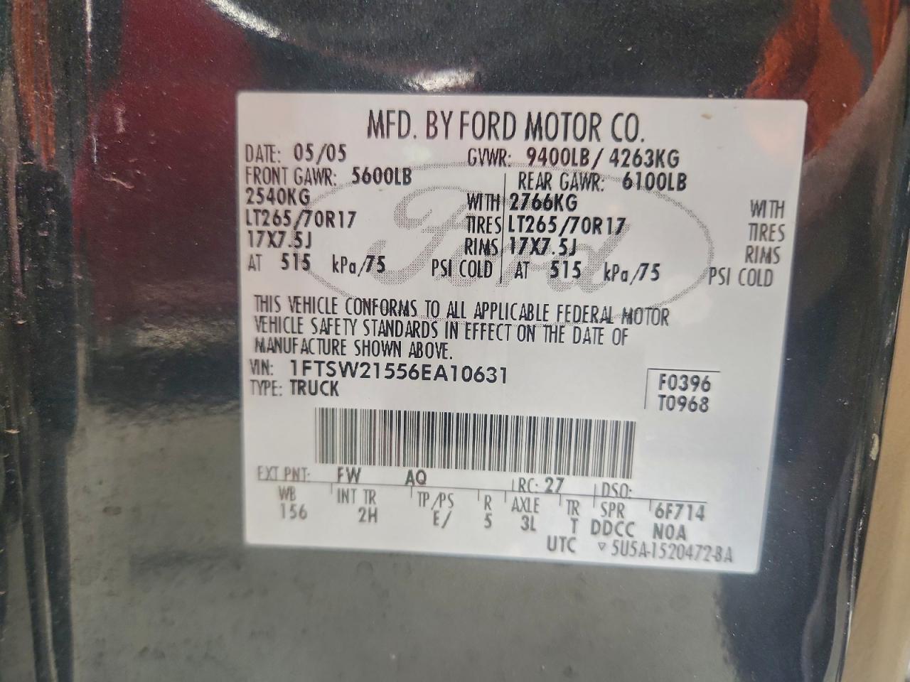 2006 Ford F250 Super Duty VIN: 1FTSW21556EA10631 Lot: 96249685