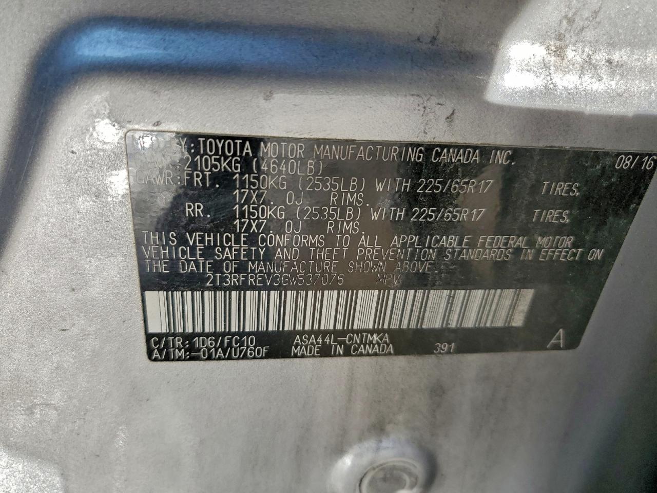 2016 Toyota Rav4 Xle VIN: 2T3RFREV3GW537076 Lot: 95555675