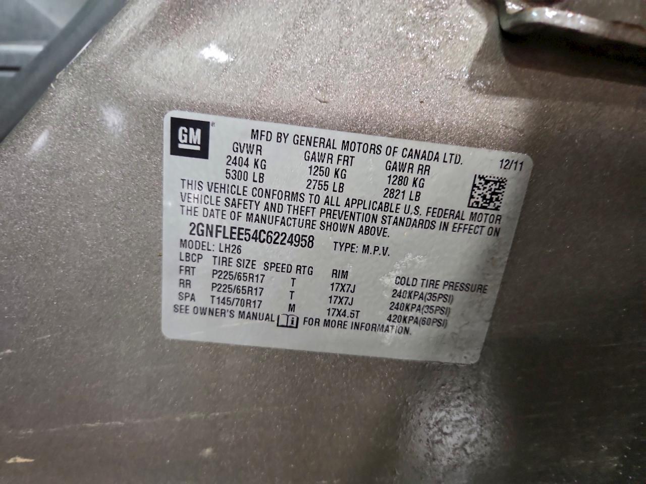 2012 Chevrolet Equinox Lt VIN: 2GNFLEE54C6224958 Lot: 96927005