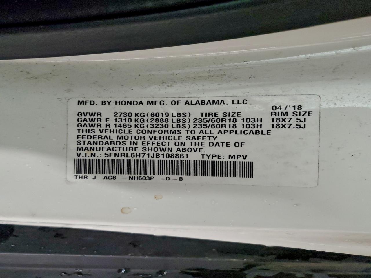 2018 Honda Odyssey Exl VIN: 5FNRL6H71JB108861 Lot: 94294685