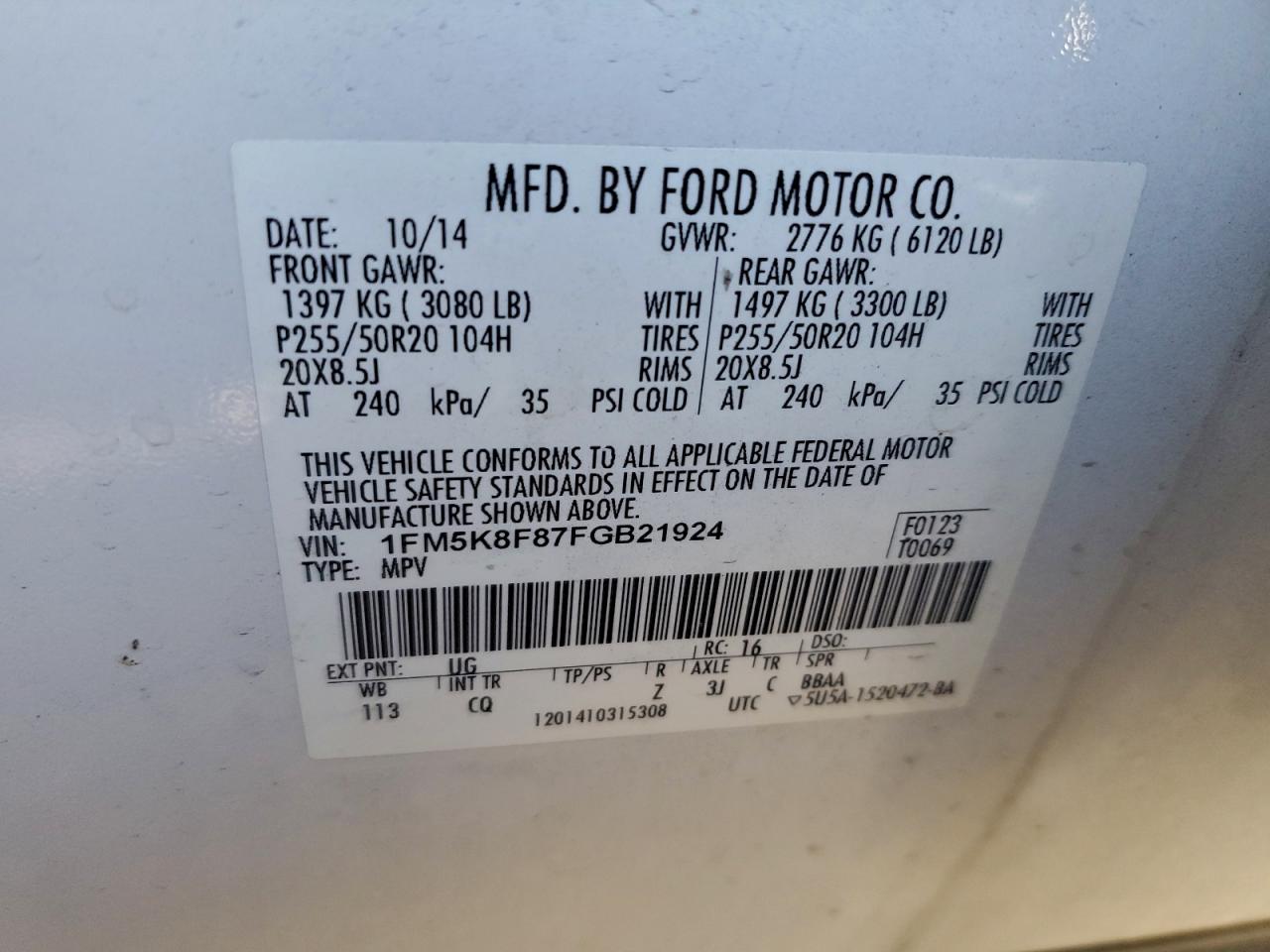 2015 Ford Explorer Limited VIN: 1FM5K8F87FGB21924 Lot: 93448415