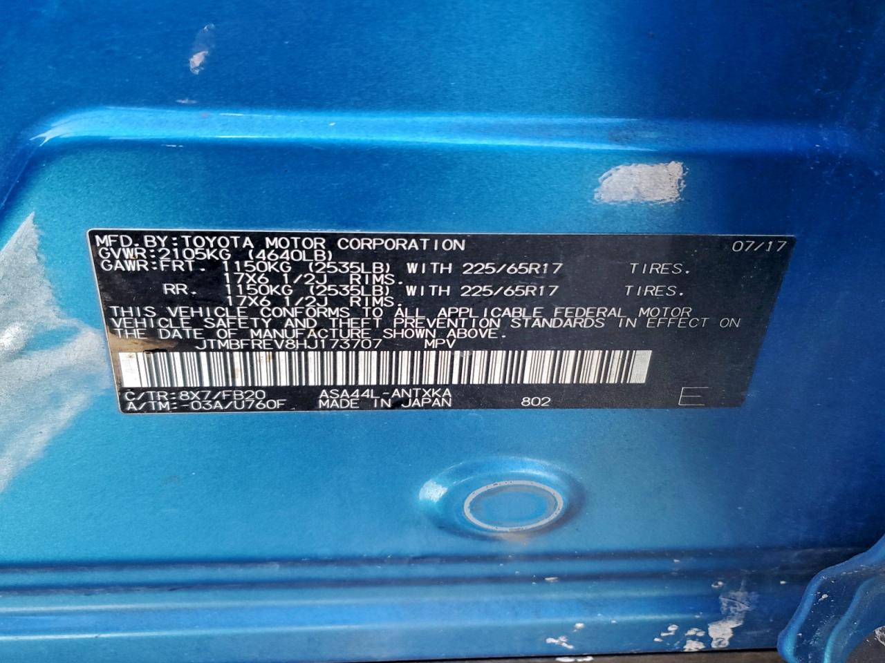 2017 Toyota Rav4 Le VIN: JTMBFREV8HJ173707 Lot: 96687345