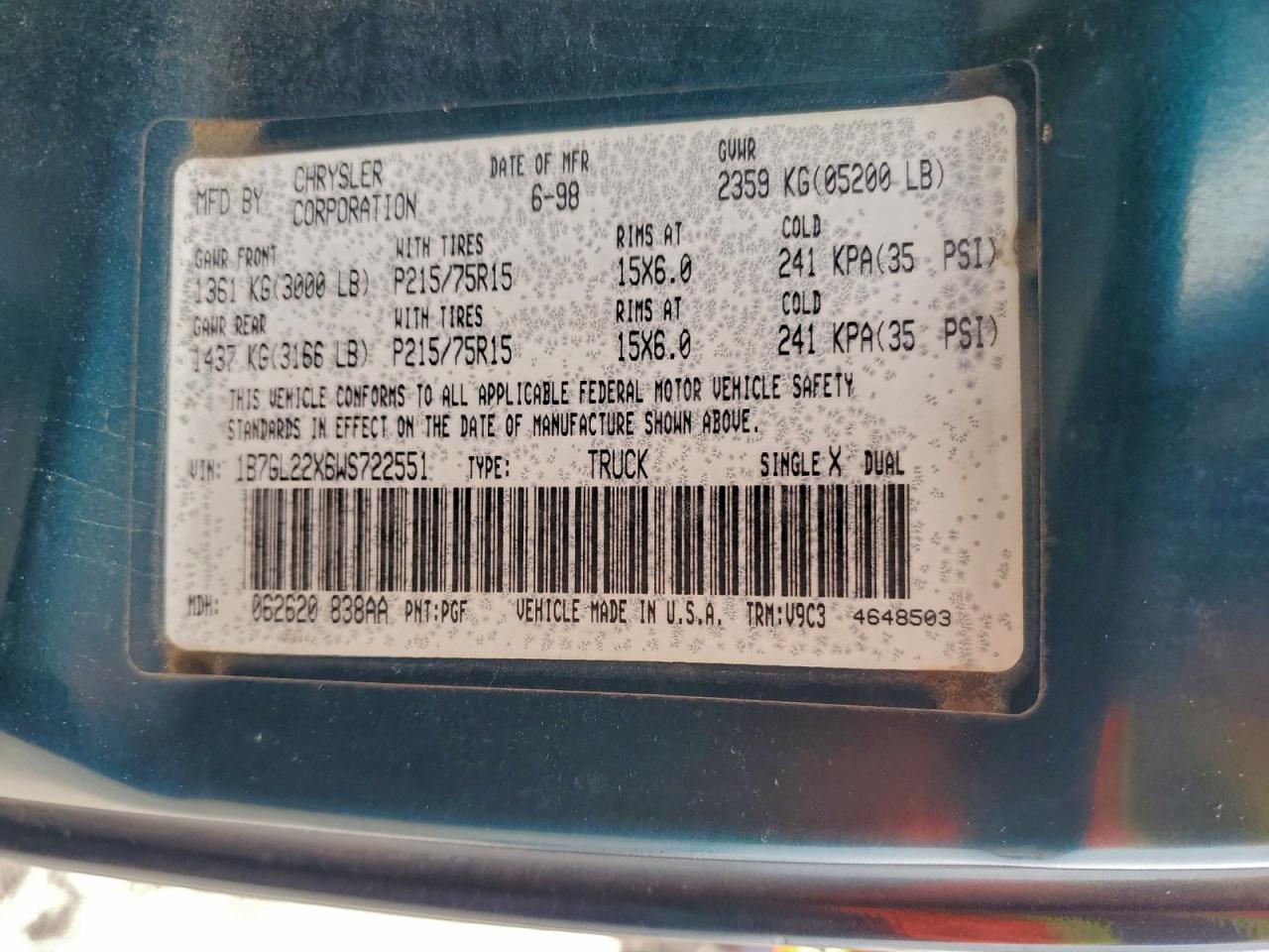 1998 Dodge Dakota VIN: 1B7GL22X6WS722551 Lot: 94522025