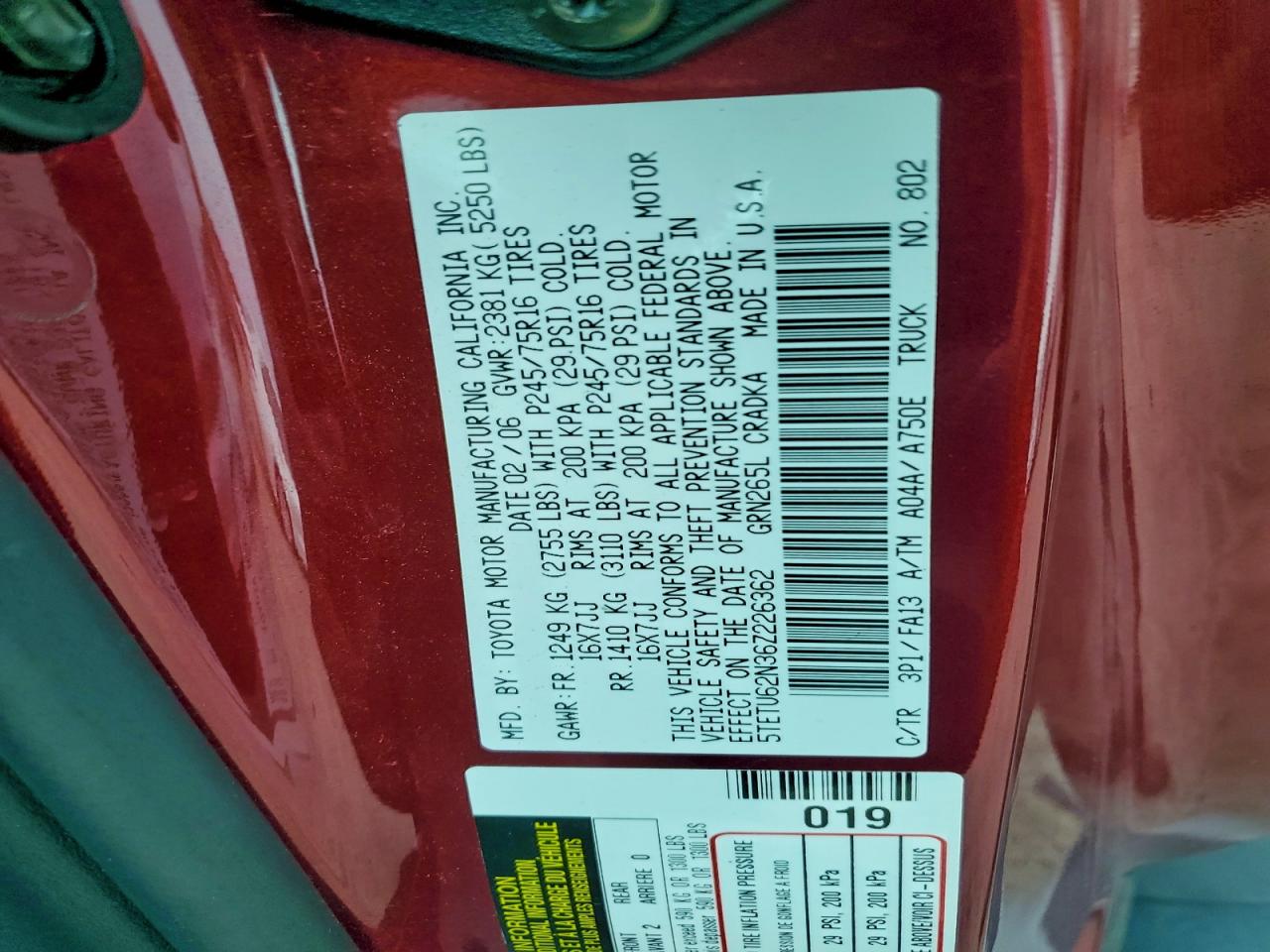 2006 Toyota Tacoma Prerunner Access Cab VIN: 5TETU62N36Z226362 Lot: 96625915