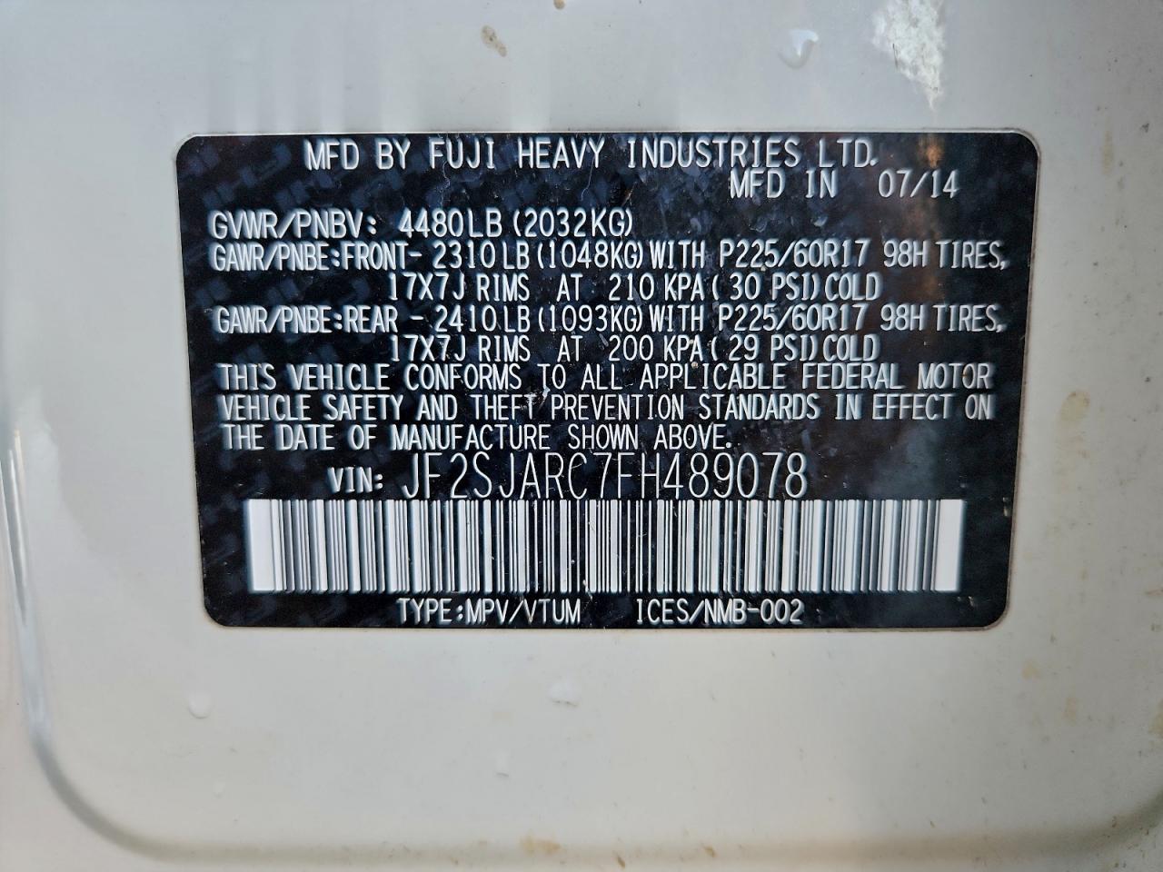 2015 Subaru Forester 2.5I Limited VIN: JF2SJARC7FH489078 Lot: 94580035