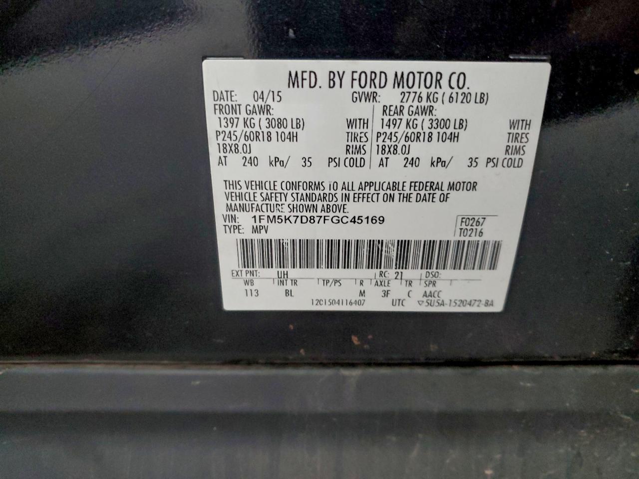 2015 Ford Explorer Xlt VIN: 1FM5K7D87FGC45169 Lot: 95100465