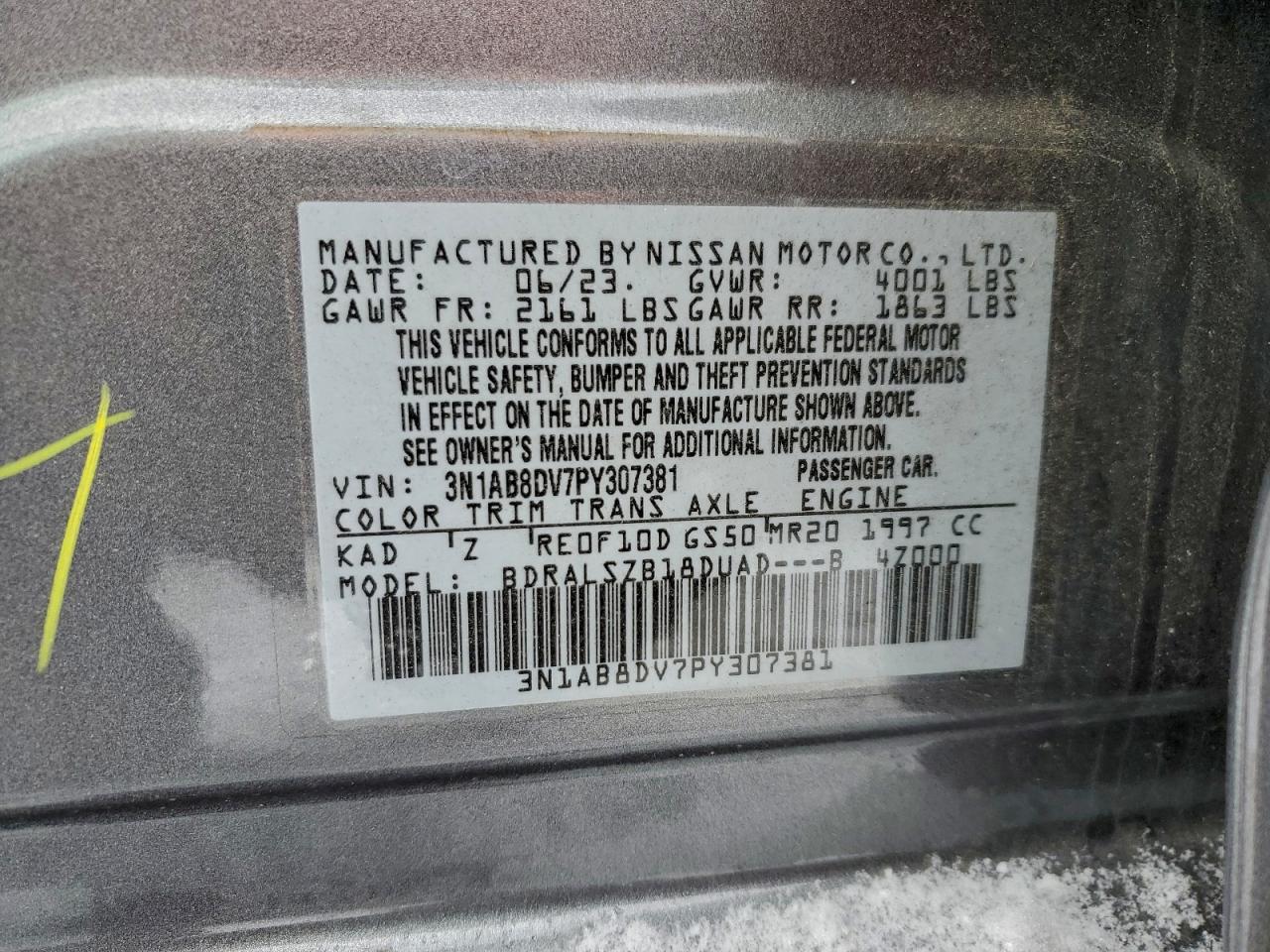 2023 Nissan Sentra Sr VIN: 3N1AB8DV7PY307381 Lot: 96350535