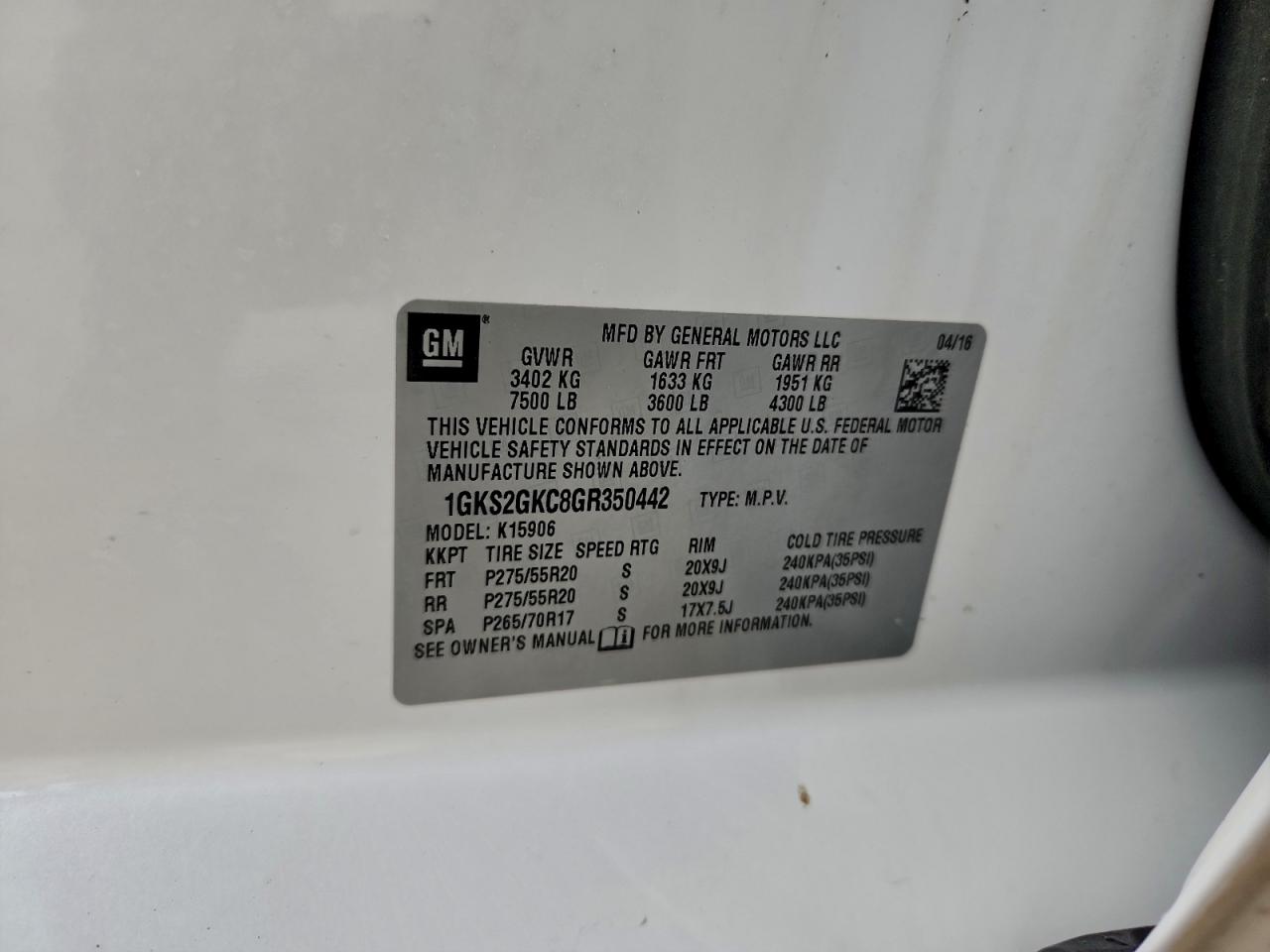 2016 GMC Yukon Xl K1500 Slt VIN: 1GKS2GKC8GR350442 Lot: 95986145