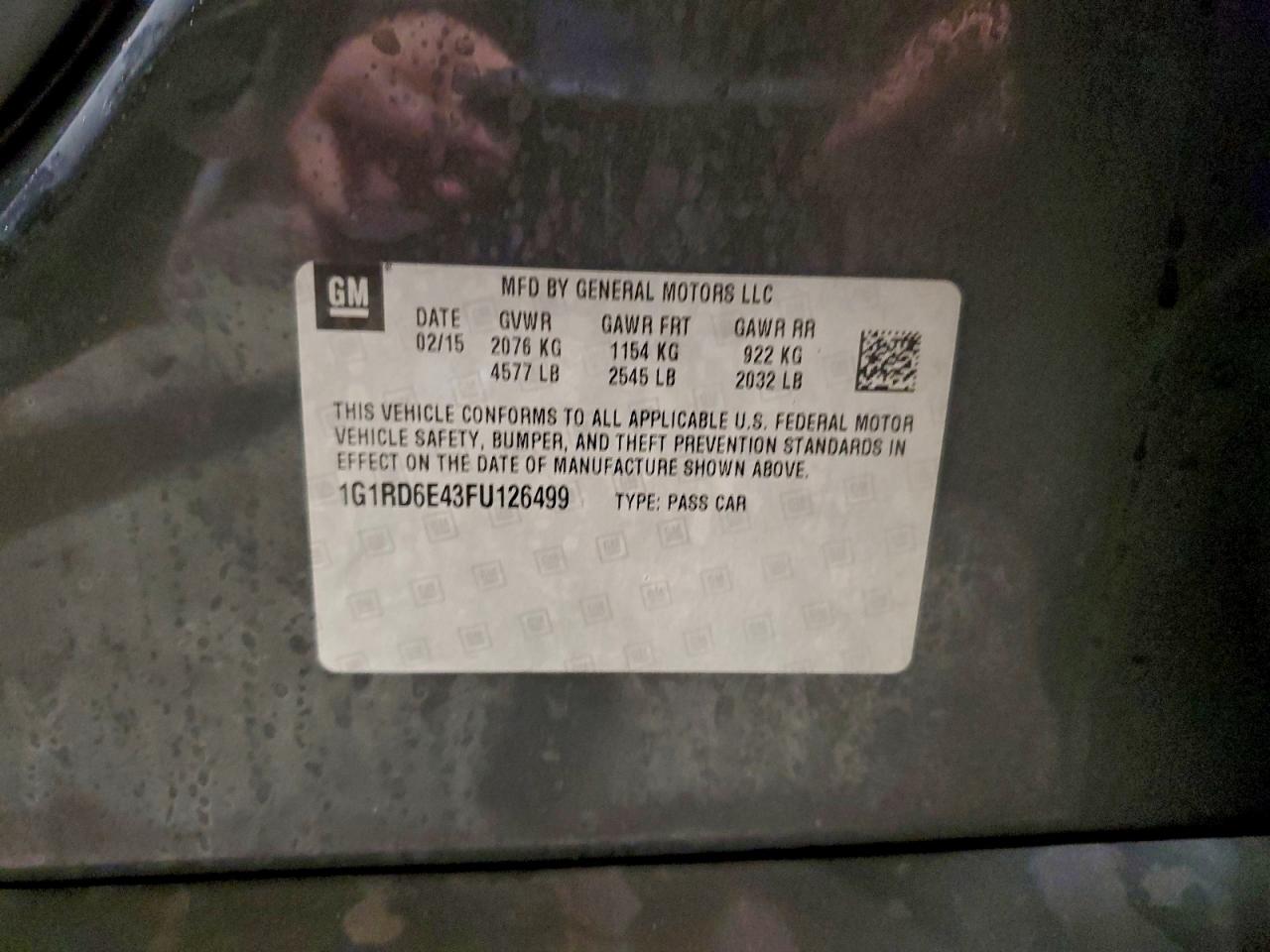 2015 Chevrolet Volt VIN: 1G1RD6E43FU126499 Lot: 96731425