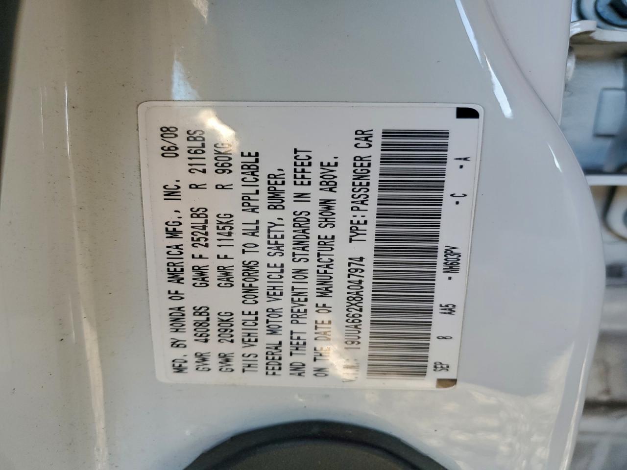 2008 Acura Tl VIN: 19UUA662X8A047974 Lot: 94966065