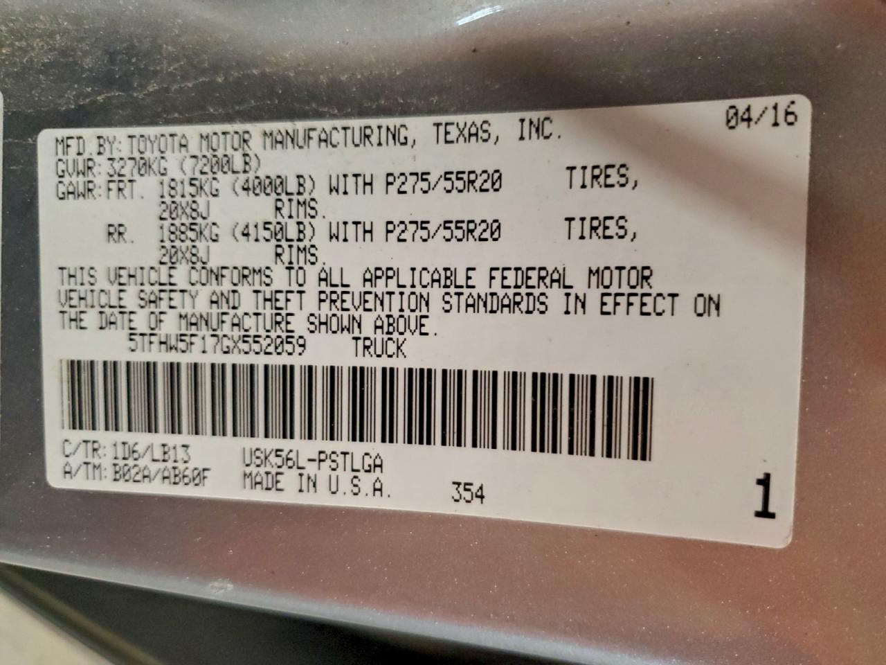 2016 Toyota Tundra Crewmax Limited VIN: 5TFHW5F17GX552059 Lot: 94926915
