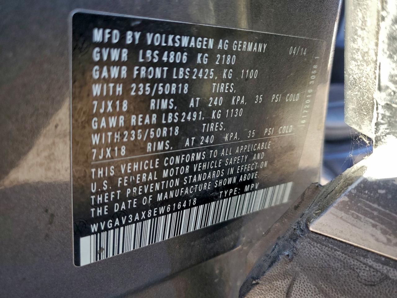 2014 Volkswagen Tiguan S VIN: WVGAV3AX8EW616418 Lot: 96223755