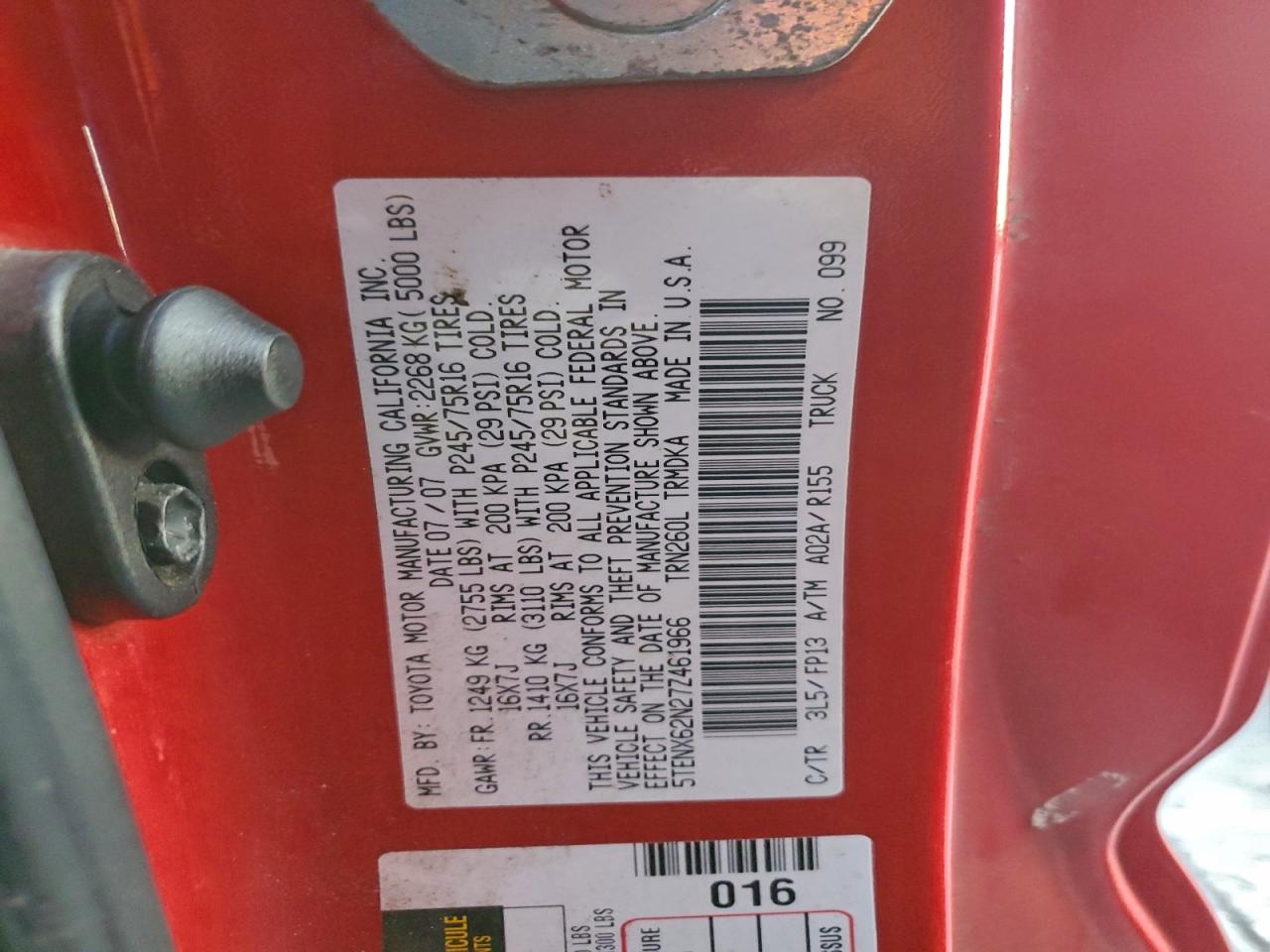 2007 Toyota Tacoma Prerunner VIN: 5TENX62N27Z461966 Lot: 95422675