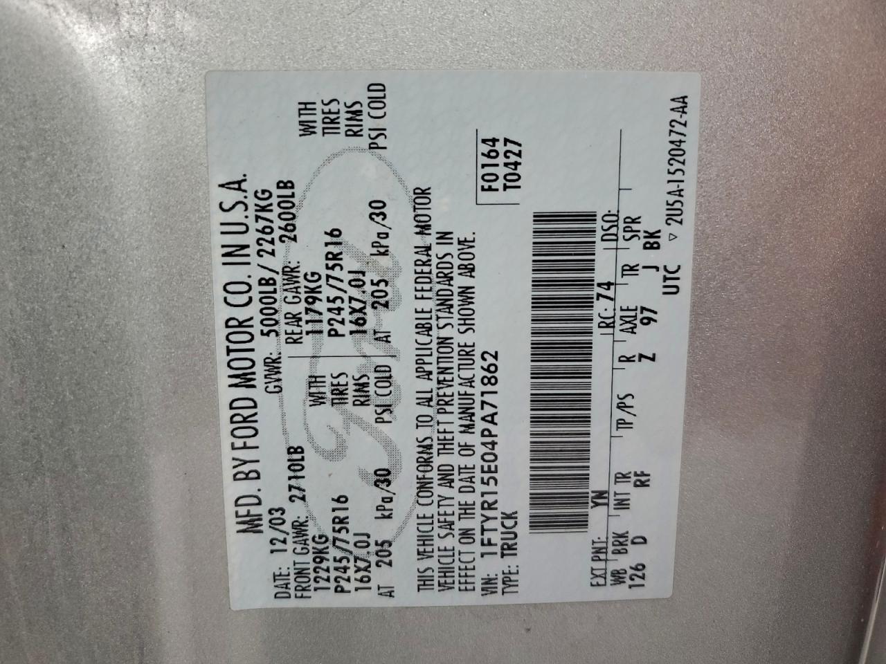 2004 Ford Ranger Super Cab VIN: 1FTYR15E04PA71862 Lot: 95013275