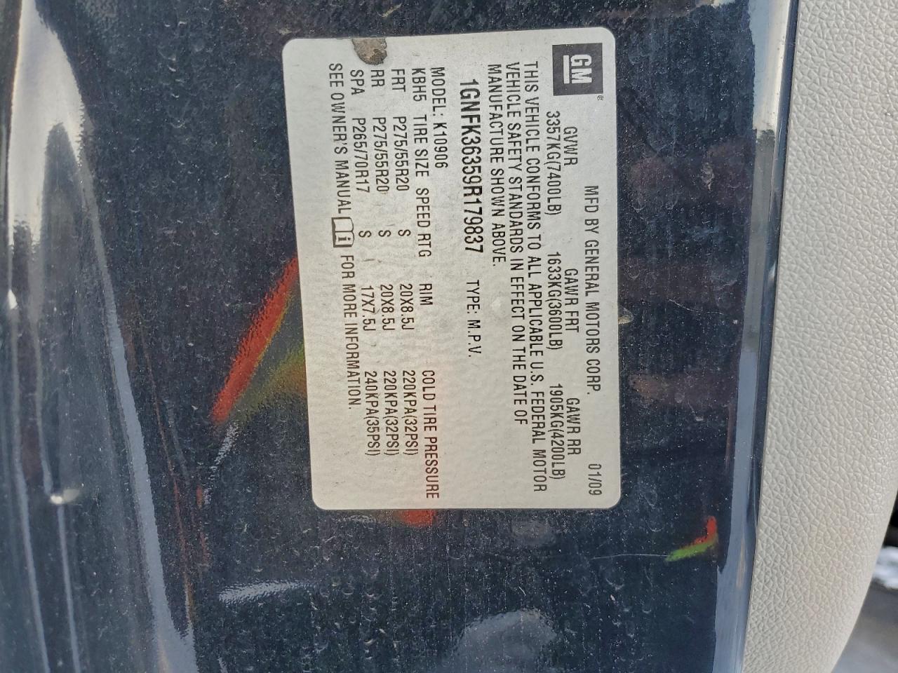 2009 Chevrolet Suburban K1500 Ltz VIN: 1GNFK36359R179837 Lot: 97222945