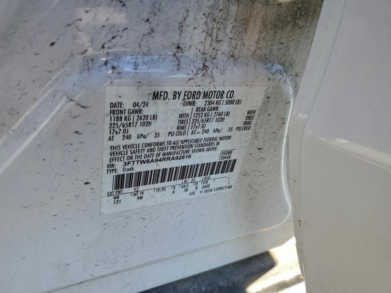 2024 Ford Maverick Xl VIN: 3FTTW8A94RRA92816 Lot: 96523545