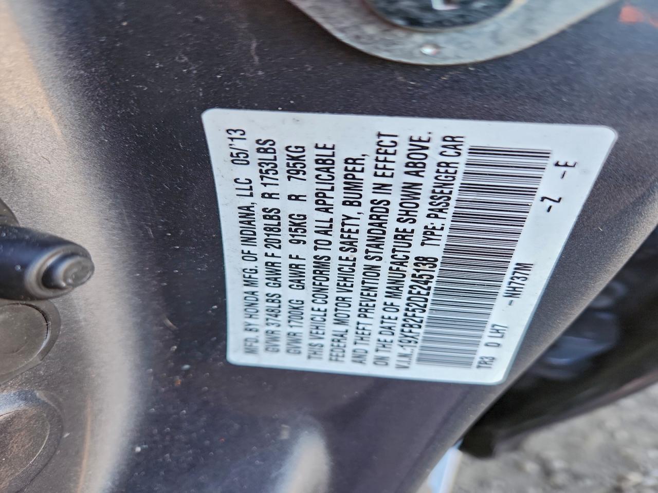 2013 Honda Civic Lx VIN: 19XFB2F52DE245138 Lot: 95880825