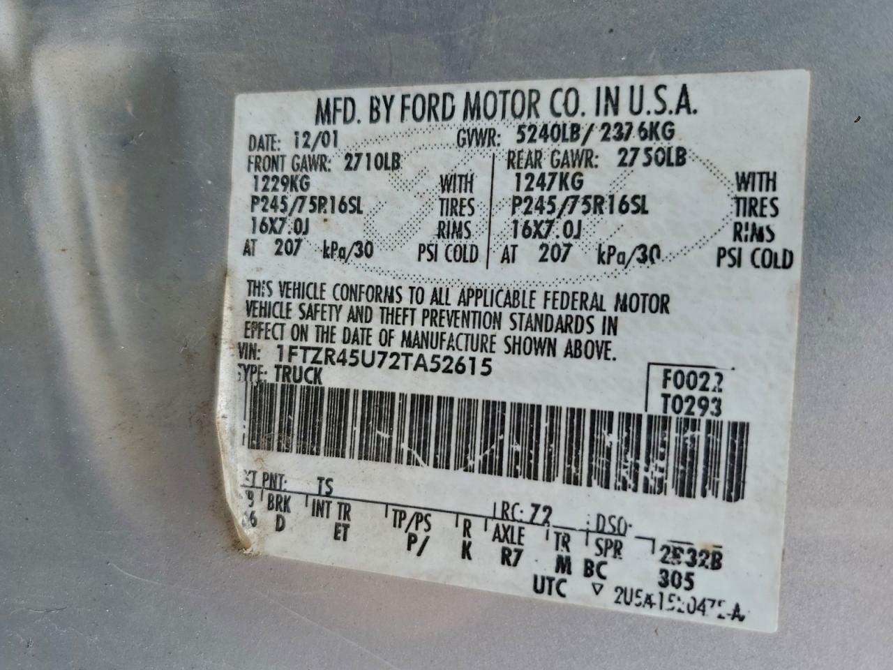 2002 Ford Ranger Super Cab VIN: 1FTZR45U72TA52615 Lot: 97388205