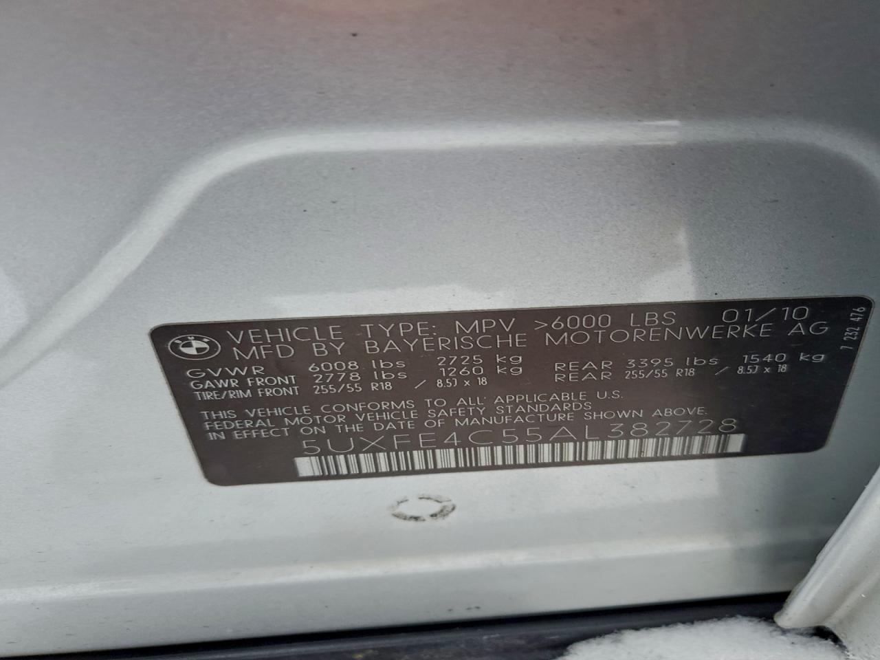 2010 BMW X5 xDrive30I VIN: 5UXFE4C55AL382728 Lot: 94803435