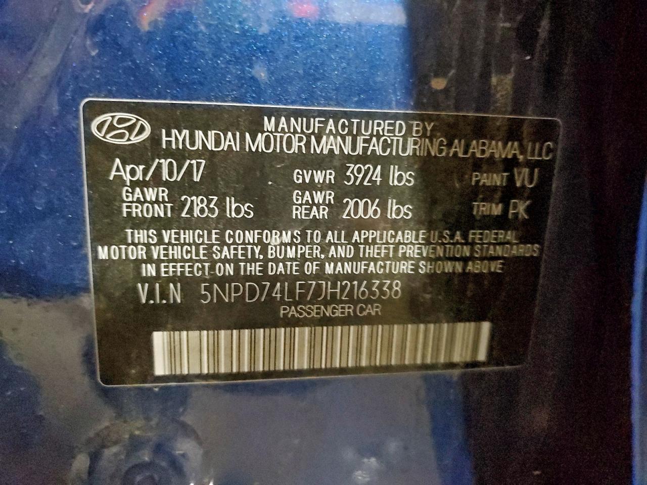 2018 Hyundai Elantra Se VIN: 5NPD74LF7JH216338 Lot: 95146595