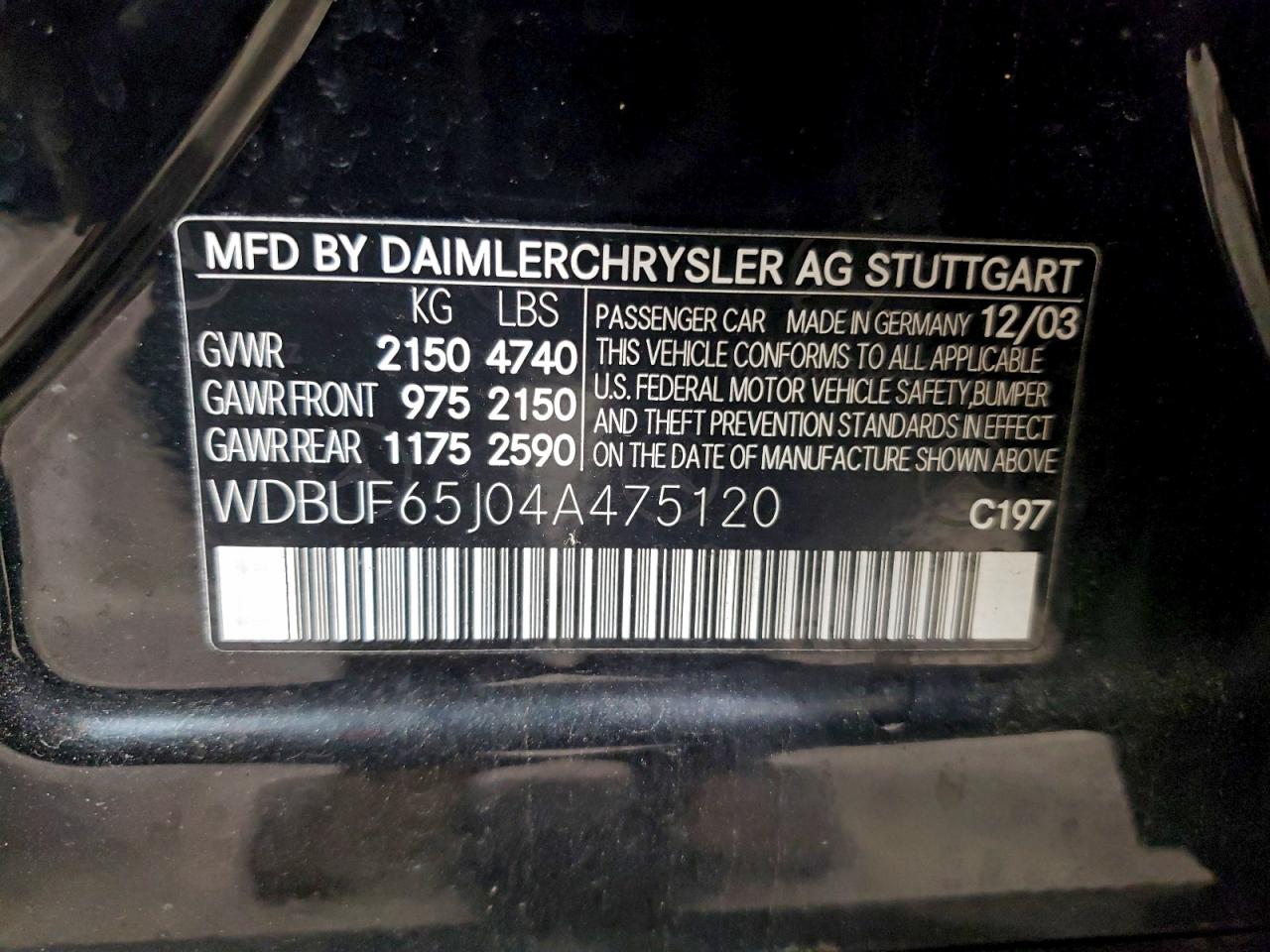 2004 Mercedes-Benz E 320 VIN: WDBUF65J04A475120 Lot: 95910585