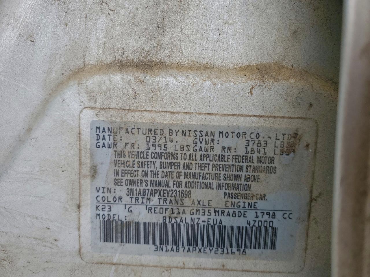 2014 Nissan Sentra S VIN: 3N1AB7APXEY231698 Lot: 95291115