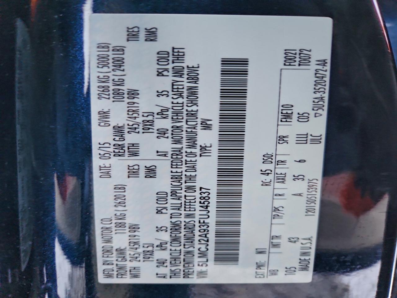 2015 Lincoln Mkc VIN: 5LMCJ2A93FUJ45837 Lot: 96245065