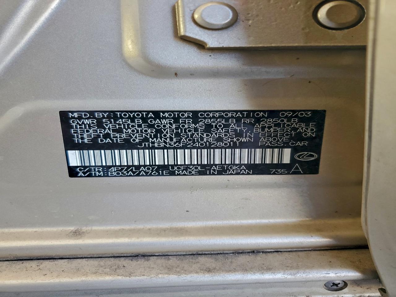 2004 Lexus Ls 430 VIN: JTHBN36F240128011 Lot: 96523095