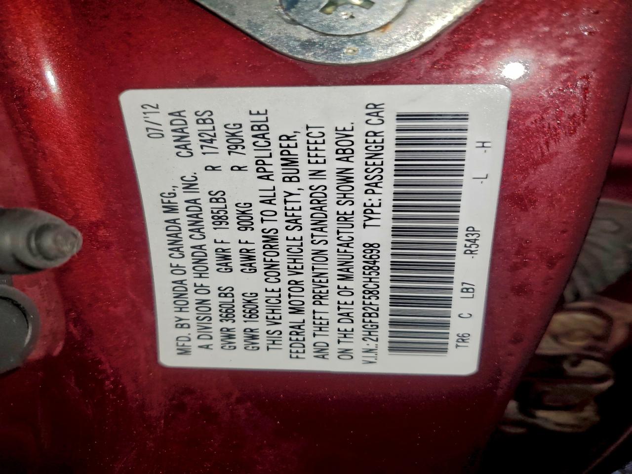 2012 Honda Civic Lx VIN: 2HGFB2F58CH584698 Lot: 95824835