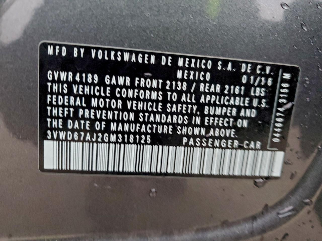 2016 Volkswagen Jetta Se VIN: 3VWD67AJ2GM318125 Lot: 95134645