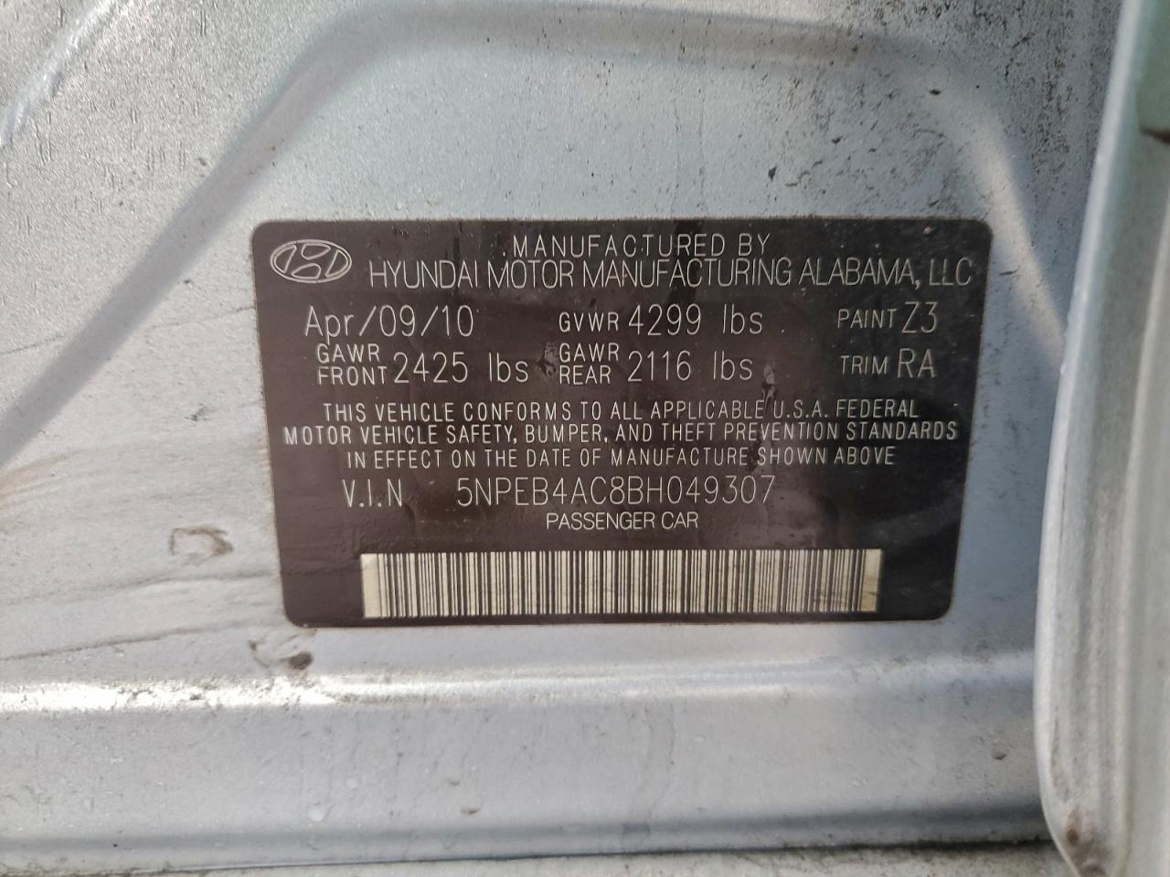 2011 Hyundai Sonata Gls VIN: 5NPEB4AC8BH049307 Lot: 97819275