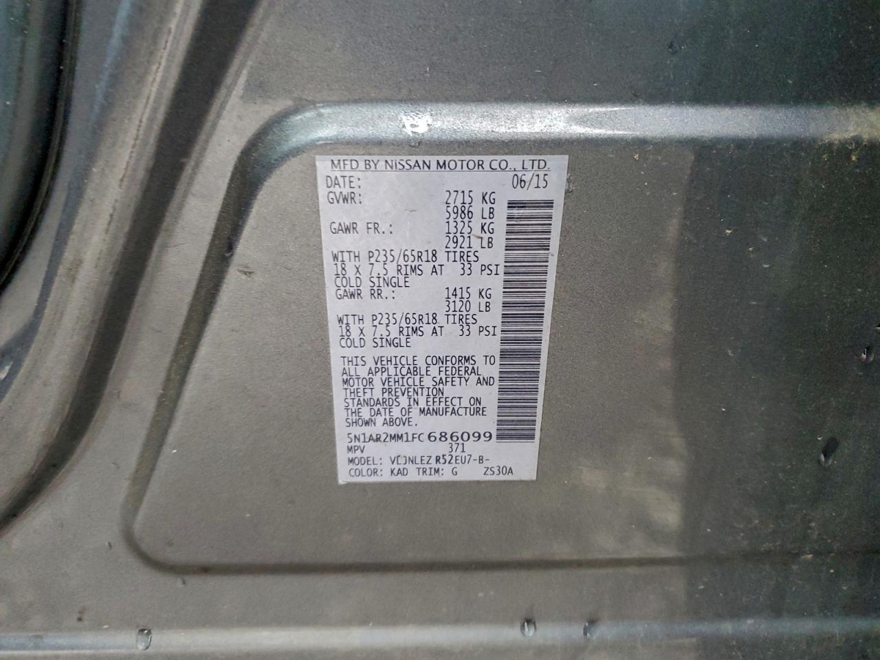 2015 Nissan Pathfinder S VIN: 5N1AR2MM1FC686099 Lot: 94918085