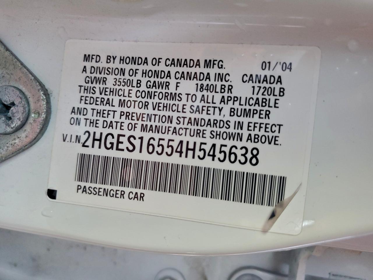 2004 Honda Civic Lx VIN: 2HGES16554H545638 Lot: 95022155