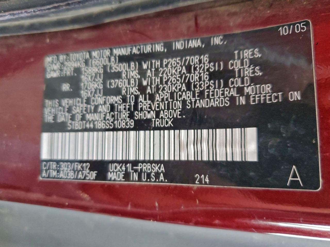 2006 Toyota Tundra Double Cab Sr5 VIN: 5TBDT44186S510839 Lot: 95556545