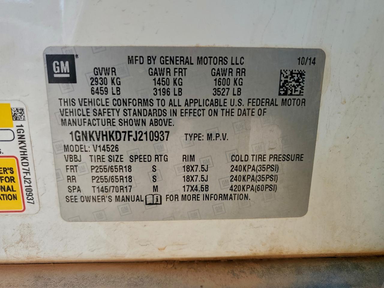 2015 Chevrolet Traverse Lt VIN: 1GNKVHKD7FJ210937 Lot: 94932455