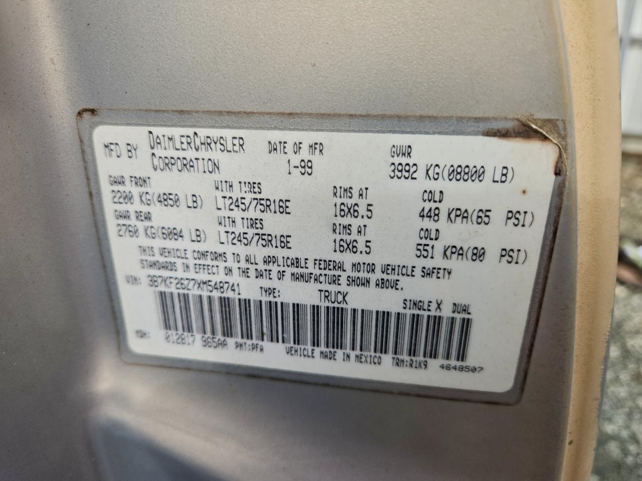 1999 Dodge Ram 2500 VIN: 3B7KF26Z7XM548741 Lot: 94907735