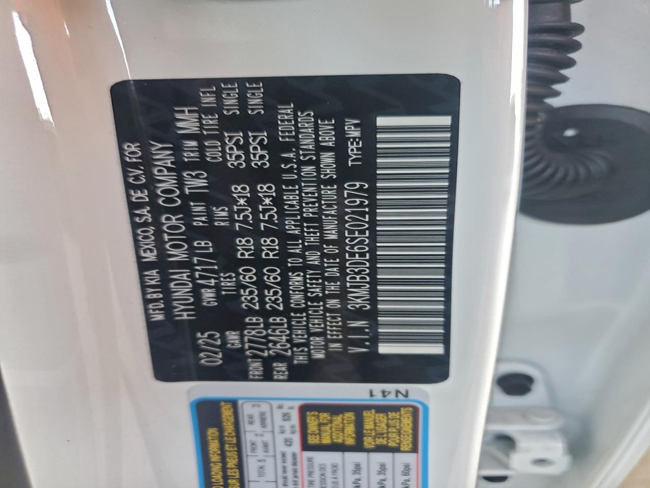 2025 Hyundai Tucson Sel VIN: 3KMJB3DE6SE021979 Lot: 96379765