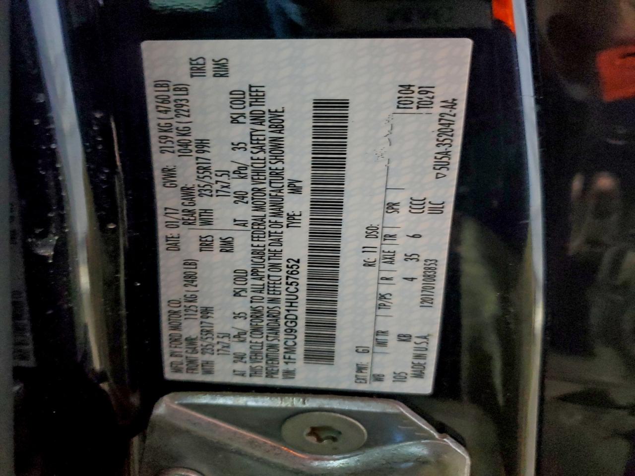 2017 Ford Escape Se VIN: 1FMCU9GD1HUC57652 Lot: 94755145