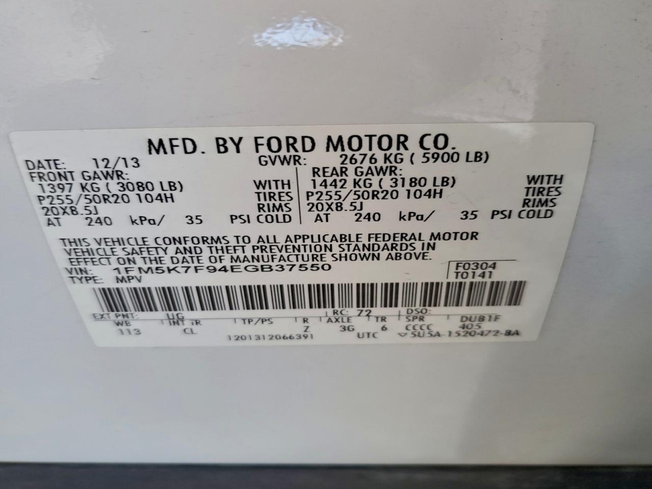 2014 Ford Explorer Limited VIN: 1FM5K7F94EGB37550 Lot: 93775845