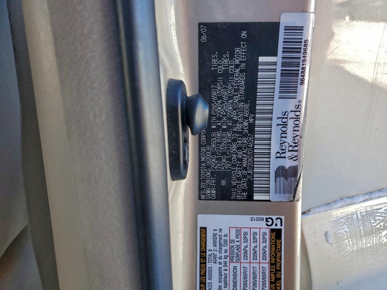 2007 Lexus Gx 470 VIN: JTJBT20X070146267 Lot: 94695705