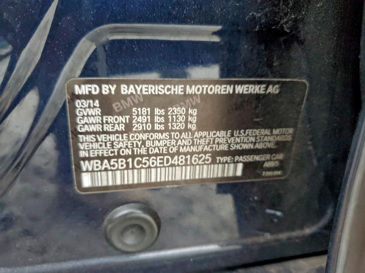 2014 BMW 535 I VIN: WBA5B1C56ED481625 Lot: 93683455