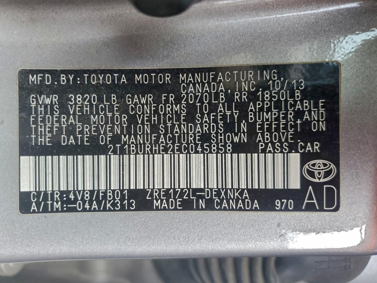 2014 Toyota Corolla L VIN: 2T1BURHE2EC045858 Lot: 95411585